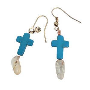 Turquoise Cross & Clear Quartz Dangle Earrings